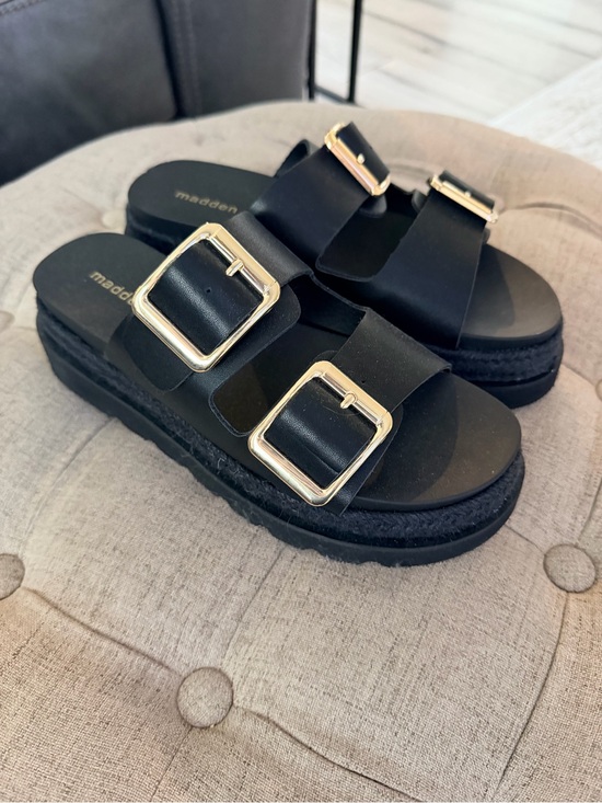 Madden Girl Shoes - NEW Madden Girl Black Slide Sandals with Gold Buckles